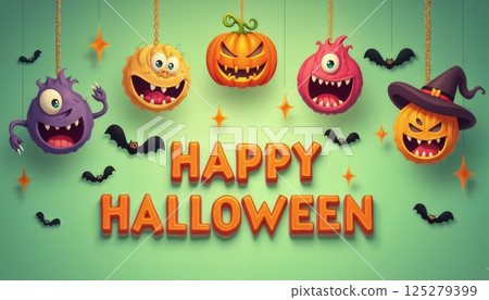 illustration of Halloween decorations with pumpkins and monster faces on a green color background 125279399