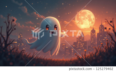 Cute ghost flying over night city, darkness and moonlight, Halloween theme 125279402
