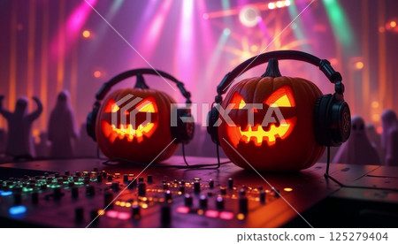 Pumpkins like a DJ with headphones are making a party and playing on the DJ console, a stage lights and night club environment 125279404