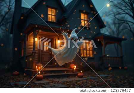 a ghost flies at the porch of the house on Halloween night, pumpkin decorations and candles, moonlight, a rustic house in the forest, autumn nature 125279437