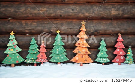 colorful Christmas tree toys as decoration on a wooden background for new year celebration, winter fairy tale 125279440