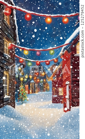 winter village with Christmas decorations, background for New year celebrations, winter fairy tale winter village with Christmas decorations, background for New year celebrations, winter fairy tale 125279452