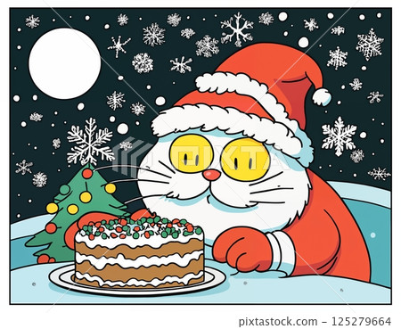 cat and Christmas cake, with decorations for New Year holidays, festive background, winter fairy tale 125279664