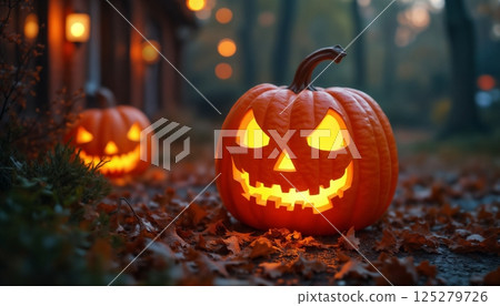 a house decorated with pumpkins and decorations for the Halloween holiday, a rural house in the forest, autumn nature 125279726