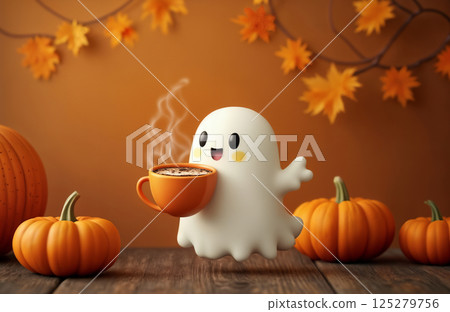 a cute ghost enjoys a cup of latte, Halloween holiday theme, autumn decorations 125279756