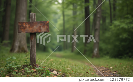 an empty sign board on the background of a forest, made of wood, old and weathered plaque 125279772