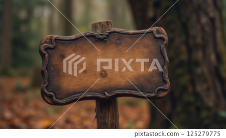 an empty sign board on the background of a forest, made of wood, old and weathered plaque 125279775