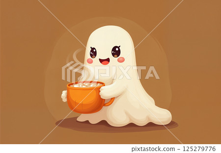 a cute ghost enjoys a cup of latte, Halloween holiday theme, autumn season, brown background a cute ghost enjoys a cup of latte, Halloween holiday theme, autumn season, brown background 125279776