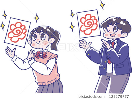 插圖:男孩和女孩展示帶有閃亮花朵標記的考試答案紙 插圖:男孩和女孩展示帶有閃亮花朵標記的考試答案紙 125279777