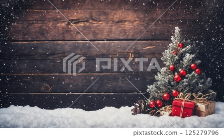 Christmas decorations and gifts and garland on an old wooden background for new year celebrations, winter fairy tale 125279796