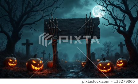 the skeleton's hands hold a sign at the entrance to the cemetery, moonlight and a fabulous atmosphere in a dark forest, pumpkins and bats, a gloomy Halloween setting 125279800