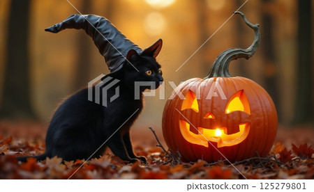 Halloween theme, a black cat in a sorcerer's hat posing next to a pumpkin against the background of autumn nature 125279801