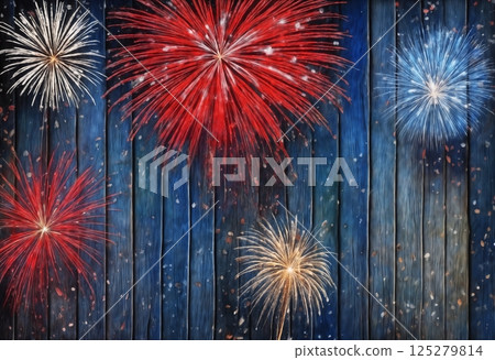 wooden background and fireworks and snow for new year celebrations or Christmas decorations 125279814