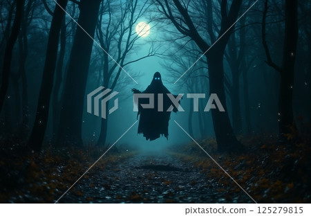 A ghost flies in the forest on Halloween night, moonlight, autumn nature, dark and scary 125279815
