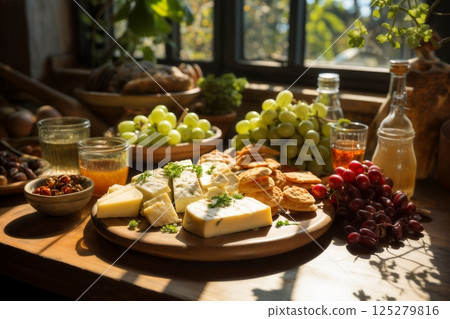 cheese, grapes and bottle of oil and fresh leaves of greenery on a table by the window, a beautiful still life in an old country house, rural style 125279816