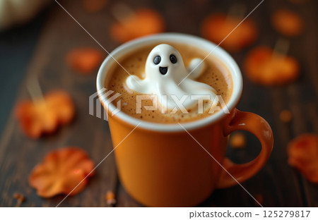 latte cup with foam pattern in the form of a ghost, with autumn leaves and decorations for Halloween on a wooden background 125279817