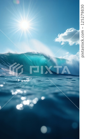 a beautiful ocean wave with splashes and the sun on a blue sky background, a heavenly seascape 125279830