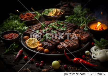 grilled meat and vegetables and herbs cooked on fire as a barbecue, roast in a frying pan, delicious food 125279837