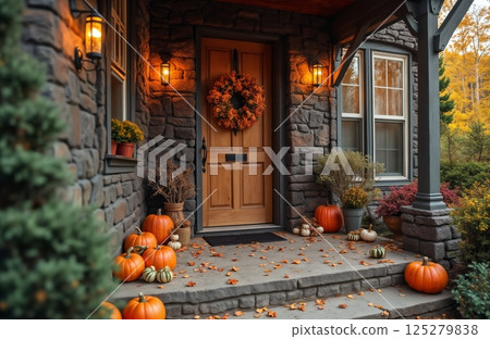 the porch of the house is decorated with pumpkins and decorations for the Halloween holiday, a rural house in the forest, autumn nature 125279838