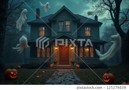 ghosts flies at the porch of the house on Halloween night, pumpkin decorations and candles, moonlight, a rustic house in the forest, autumn nature 125279839
