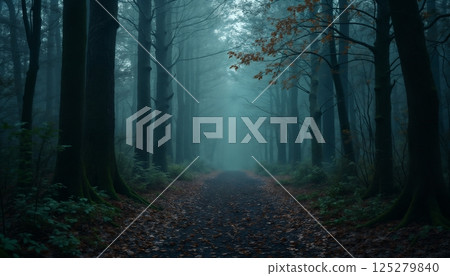 morning forest in the autumn season, beautiful nature, rainy weather, cloudy 125279840