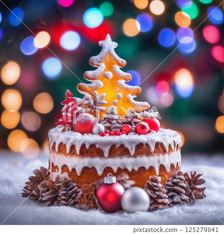 Christmas cake with decorations for New Year's holidays, beautiful background, winter fairy tale 125279841