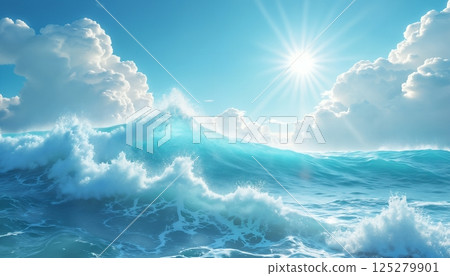 a beautiful ocean wave and sun, against a blue sky background, a paradise seascape 125279901