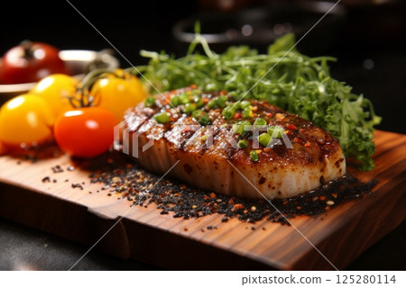 grilled meat and vegetables and herbs cooked on fire as a barbecue, roast in a frying pan, delicious food grilled meat and vegetables and herbs cooked on fire as a barbecue, roast in a frying pan, delicious food 125280114