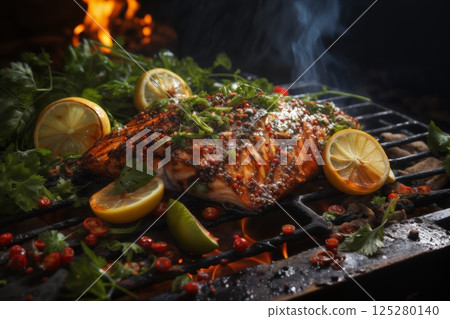 cooking meat with vegetables and herbs on fire, barbecue, flames and smoke, delicious food cooking meat with vegetables and herbs on fire, barbecue, flames and smoke, delicious food 125280140