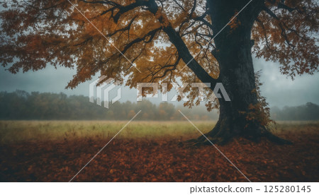 one big tree in a field with dry grass and forest in the autumn season, beautiful nature, rainy weather, cloudy 125280145