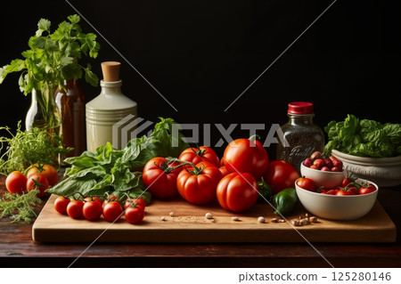 tomatoes and greens and bottles with oil on a table, beautiful still life 125280146
