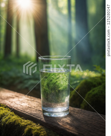 a glass filled with clean drinking water against a beautiful landscape, nature with a forest 125280147