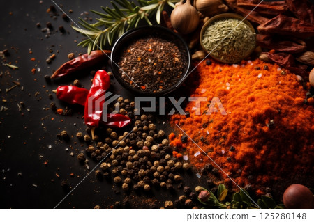 spices and pepper, paprika as background, for beautiful and delicious food 125280148