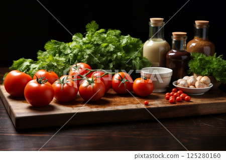 tomatoes and greens and bottles with oil on a table, beautiful still life 125280160