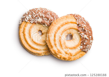 Sweet chocolate cookies isolated on white background. 125280188