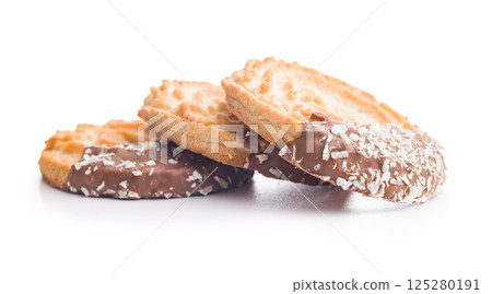 Sweet chocolate cookies isolated on white background. 125280191