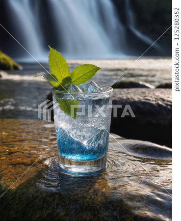 a glass filled with clean drinking water against a beautiful landscape, nature with a waterfall and a forest a glass filled with clean drinking water against a beautiful landscape, nature with a waterfall and a forest 125280352