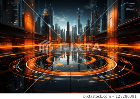 panorama of futuristic city with lights, cityscape, skyscrapers reflected in glass, building exteriors, red color 125280391