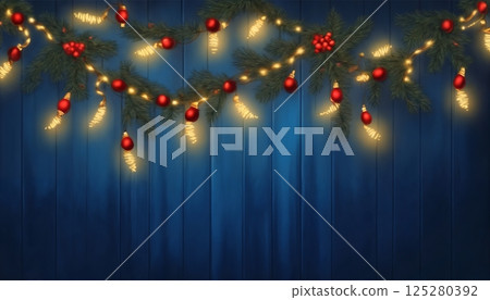 Christmas decorations and gifts and garland on a wooden wall background for new year celebrations, winter fairy tale 125280392