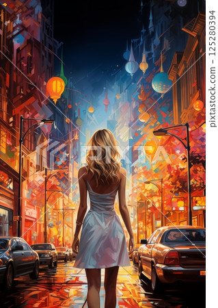 a girl in a dress walks down the street of a night city, bright street lights, colorful illustration 125280394