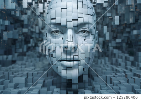 humanoid face with 3D cubes and shapes, and particles around her face, symbol of augmented reality and computer technologies of future, concept of cybernetics, biomechanics and robotics 125280406