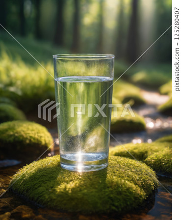 a glass filled with clean drinking water against a beautiful landscape, nature with a forest 125280407
