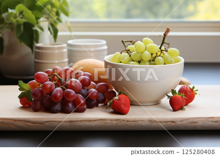grapes and strawberries on a table, beautiful still life 125280408