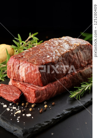 raw meat and vegetables and herbs on a wooden board, delicious food 125280409