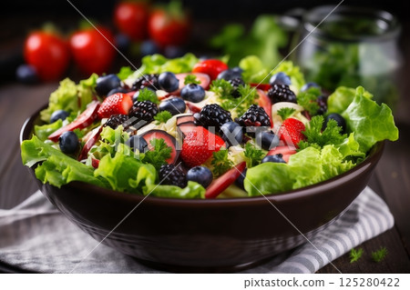 a plate with strawberries, grapes, blackberries, fresh juicy berries, rustic vintage style, the concept of fresh and healthy food 125280422