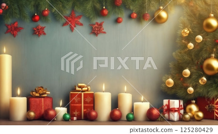 Christmas decorations and gifts, background for new year celebrations, winter fairy tale 125280429