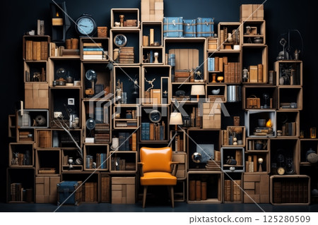 a bunch of shelves and boxes with various objects against the wall, as a background and part of the interior 125280509