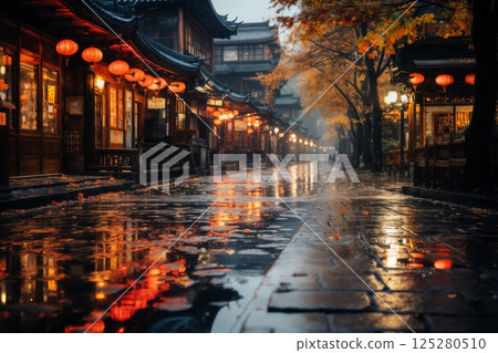 old town on a late rainy evening, wet pavement, street lights, old architecture in Japanese or Chinese style old town on a late rainy evening, wet pavement, street lights, old architecture in Japanese or Chinese style 125280510
