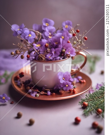 flower arrangement in a cup, soft and purple, leaves and twigs flower arrangement in a cup, soft and purple, leaves and twigs 125280511