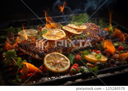 cooking meat with vegetables and herbs on fire, barbecue, flames and smoke, delicious food 125280570